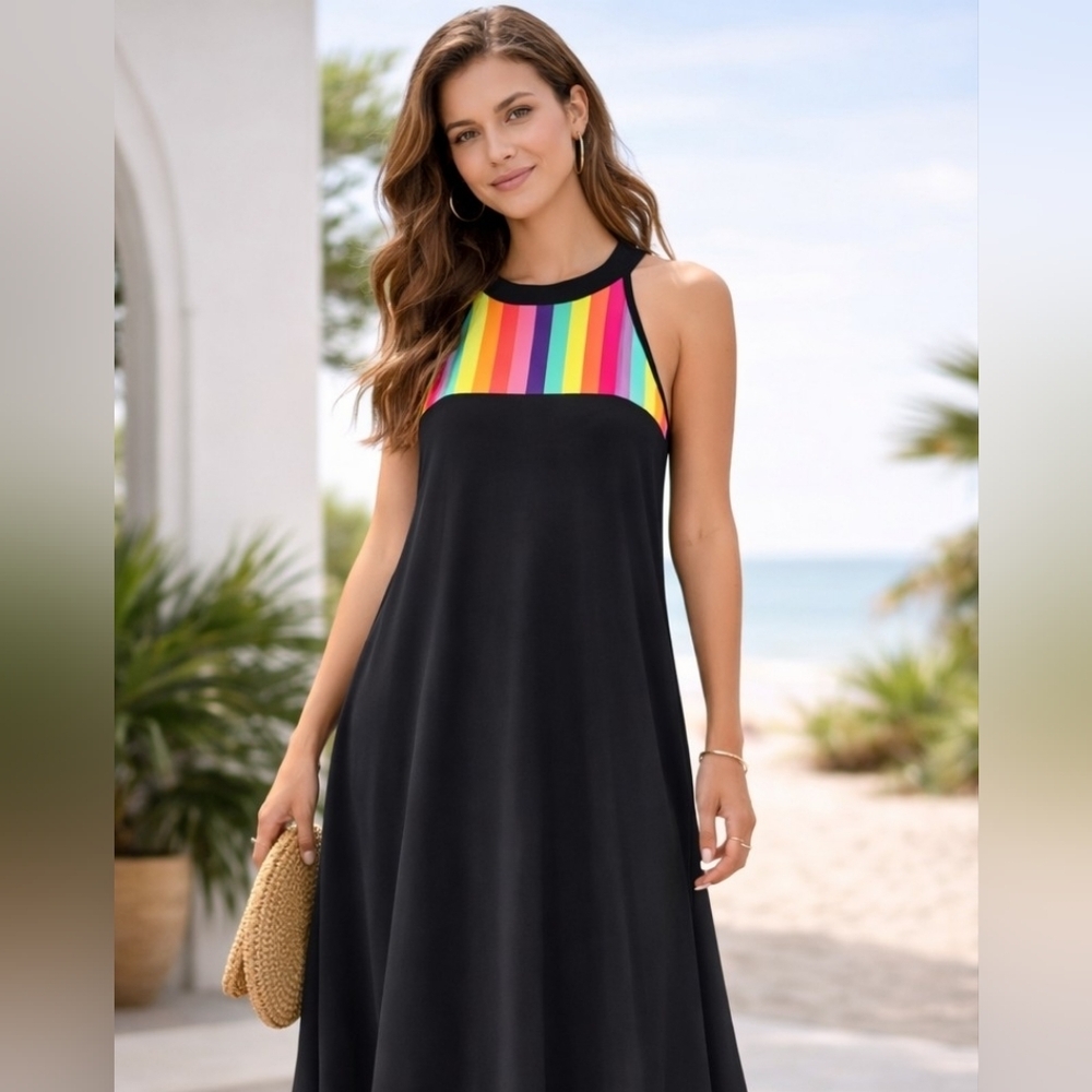 Black Rainbow Panel Sleeveless High-Low Maxi Dress Size 20 NWT